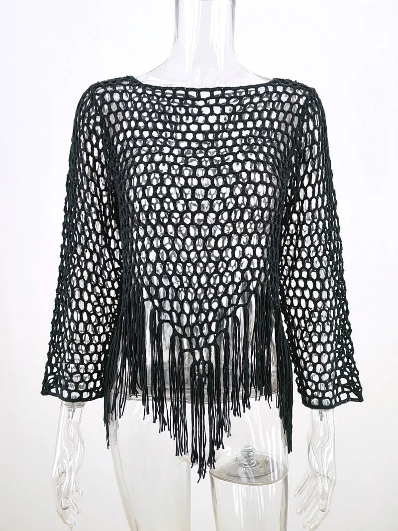 Fitshinling Handmade Crochet T-Shirts For Women Hollow Out Beach Cover Up Bohemian Fringe Sexy Crop Top Holiday Lace Tee Shirt
