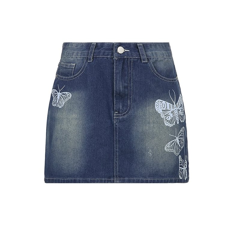 Sweetown Low Waist Denim Mini Skirts Womens Harajuku Butterfly Print Y2K Kawaii Fairycore Grunge Vintage Jean Skirt Summer