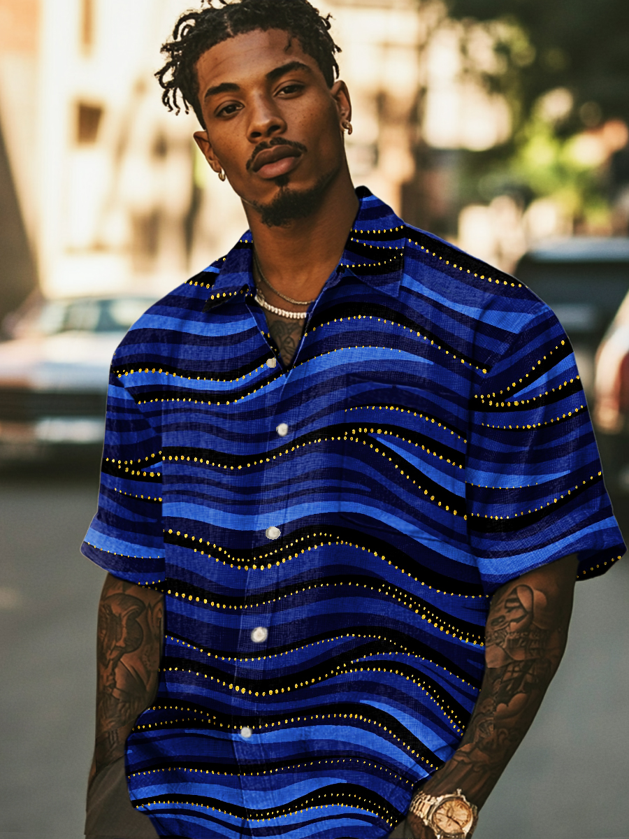 Wave Stripes Retro Art Prints Casual 100% Cotton Shirt