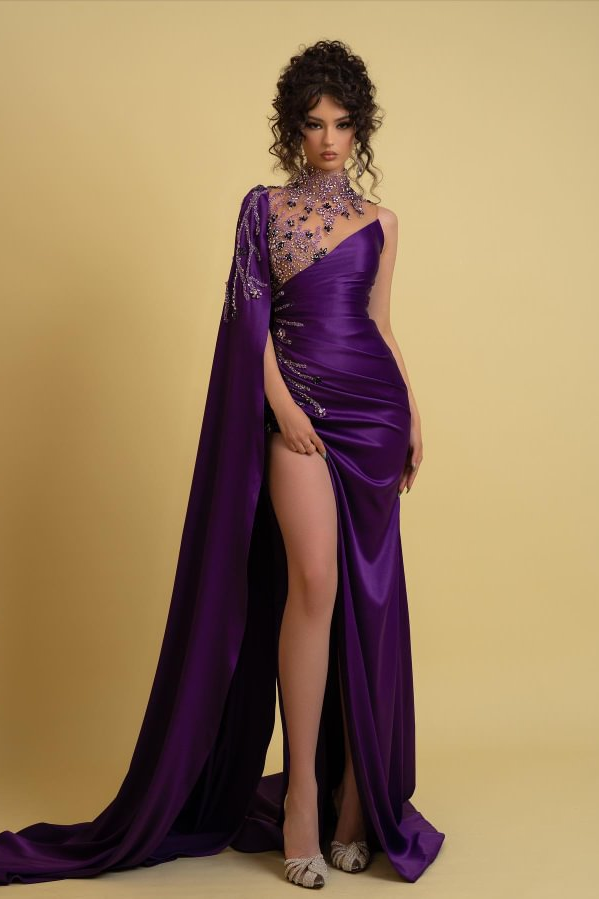 Daisda Elegant Dark Purple One Sleeve Beaded Graduation Split Prom Dress