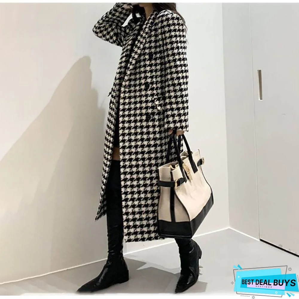 Fashion Classic Thousand Bird Grid Medium Long Over Knee Woolen Coat
