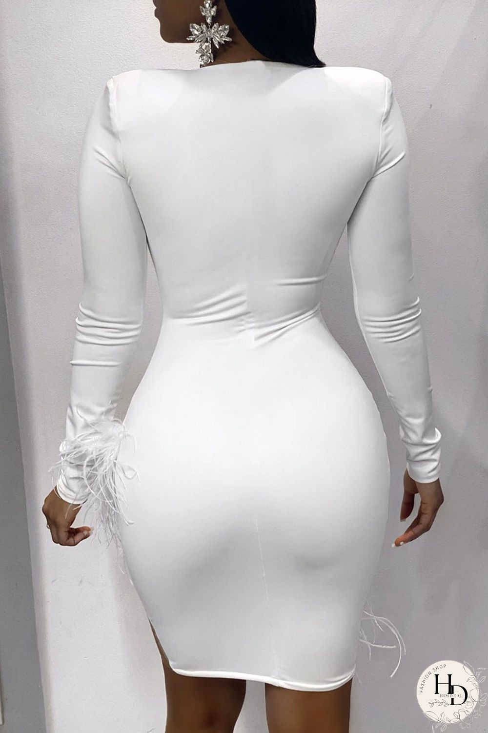 White Sexy Solid Split Joint Feathers Mesh O Neck One Step Skirt Dresses