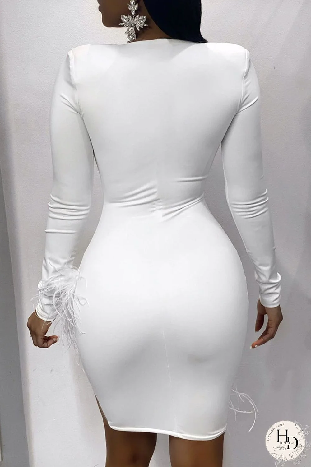 White Sexy Solid Split Joint Feathers Mesh O Neck One Step Skirt Dresses