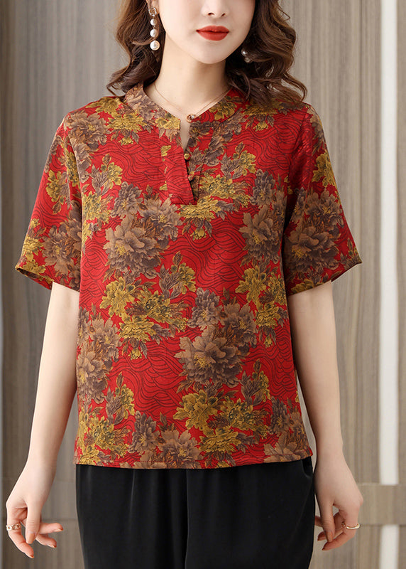 VCSHOES Red O-Neck Print Silk Shirts Short Sleeve