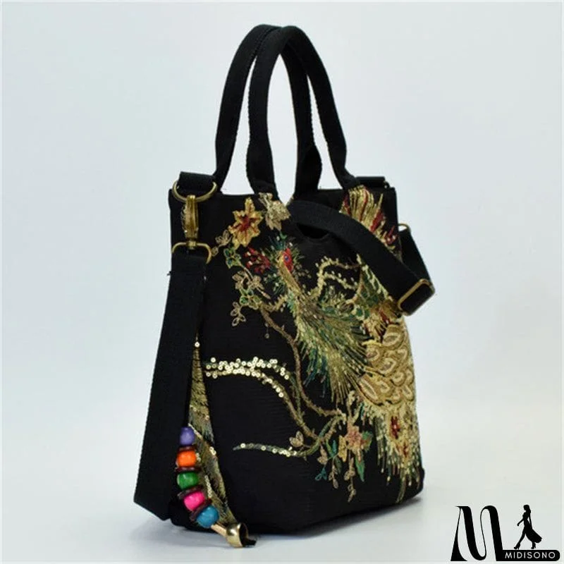 MidiSono - Women's Ethnic Style Lifelike Peacock Stitchwork Handbag