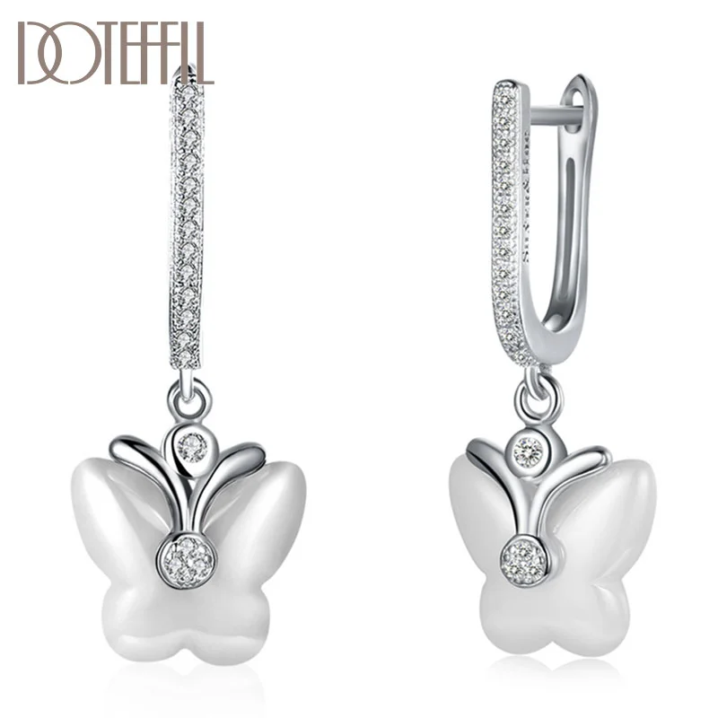 DOTEFFIL 925 Sterling Silver AAA Zircon Ceramic Black/White Butterfly Earrings Women Jewelry 