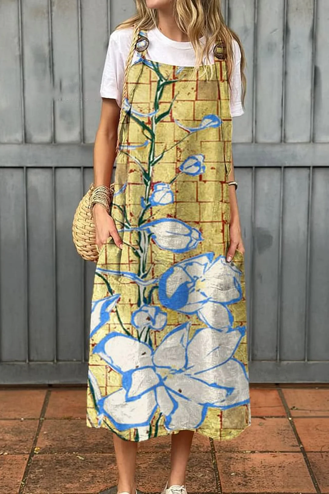 Women's Vintage Flower Art Print Cotton Pocket Suspender Dress