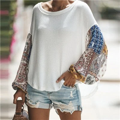 Women Sweater Autumn 2021 Fashion Loose Pullover Jumper Lantern Sleeve Chiffon Patchwork Tops For Ladies Autumn Sweaters Female