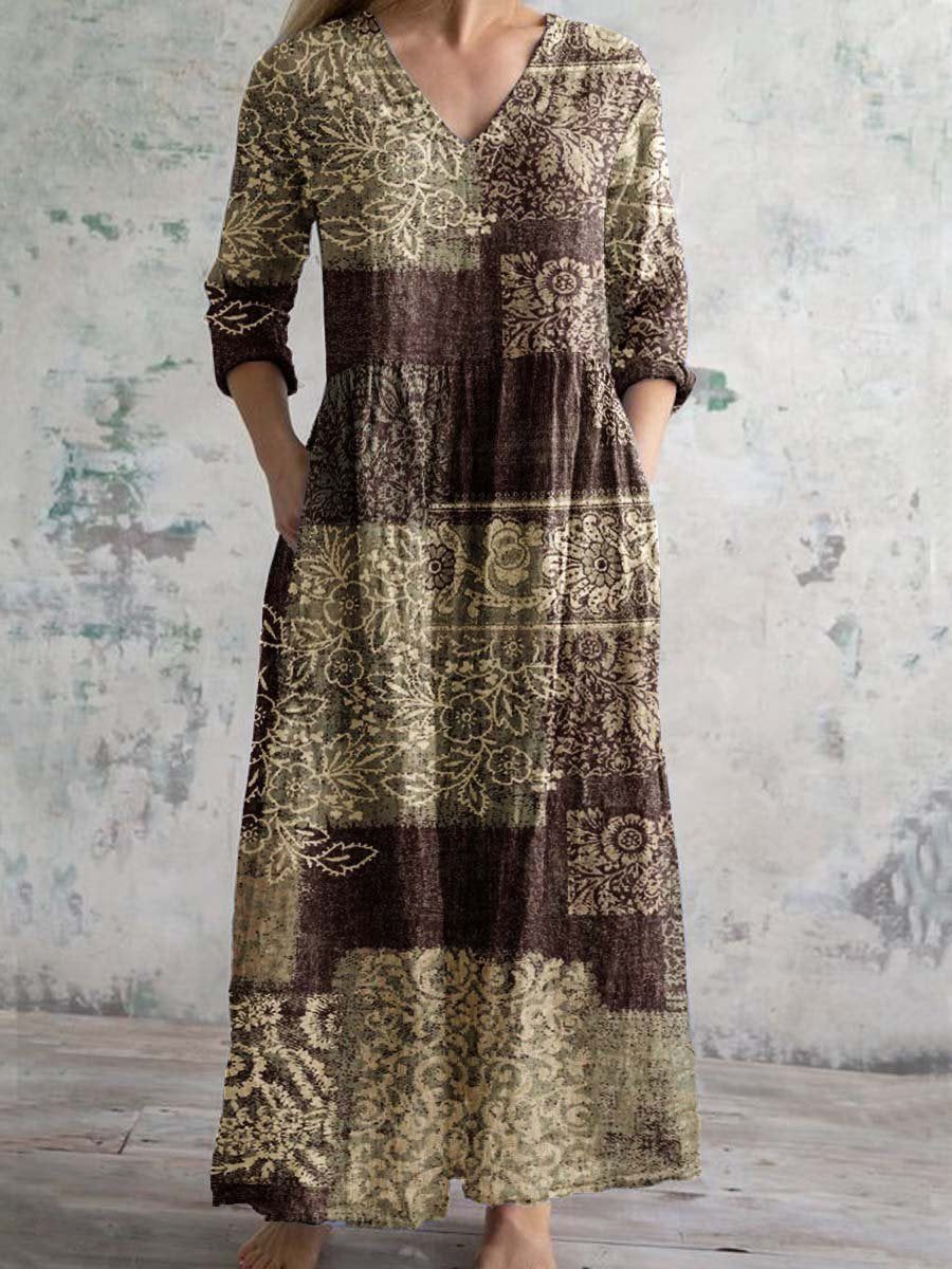 Women's Abstract Art Fluid Pattern V Neck Cotton and Linen Dress With Pockets