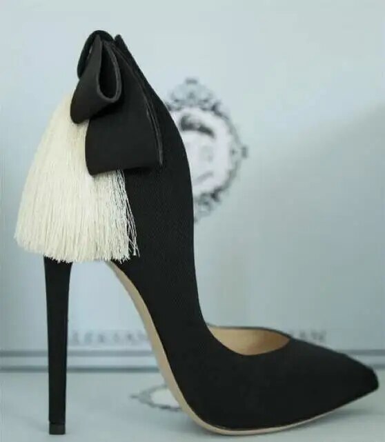 VCSHOES Back Fringe Bowtie Women Stiletto Pumps Suede Leather Ladies Point Toe High Heels Party Shoes Wedding Shoes