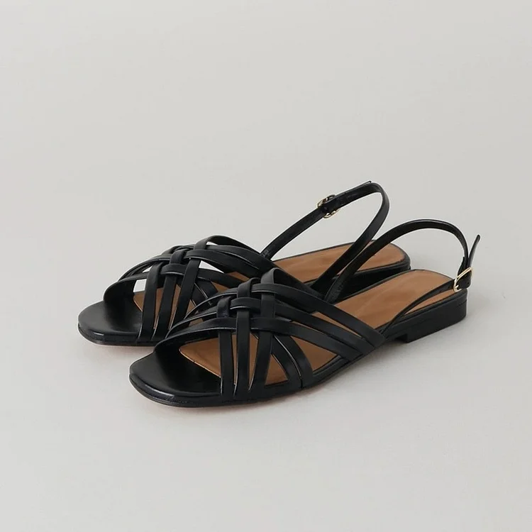 Women's Roman Style Woven Hollow out Sandals Leather Texture Buckle Flat Bottom Square Head Breathable Slip-On Shoes 1688 Stunahome.com