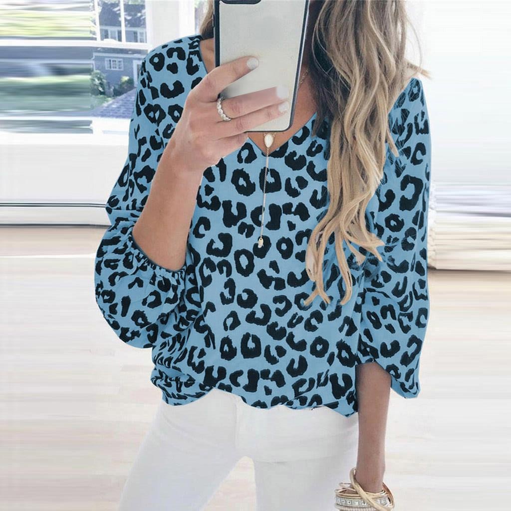 Woman Blouse Long Lantern Sleeve Leopard Print V Neck Tee Casual Popular Blouse Office Ladies Shirts Blusas Mujer De Moda 2020