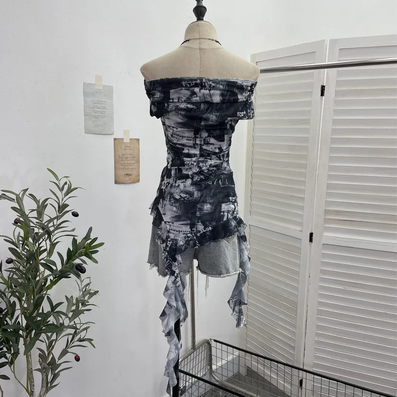 Nigikala Nigikala Shooting Holiday Wind Shoulder Folding Net Grums Flower Top Design Feeling Drift With Unique T-Shirt 1203