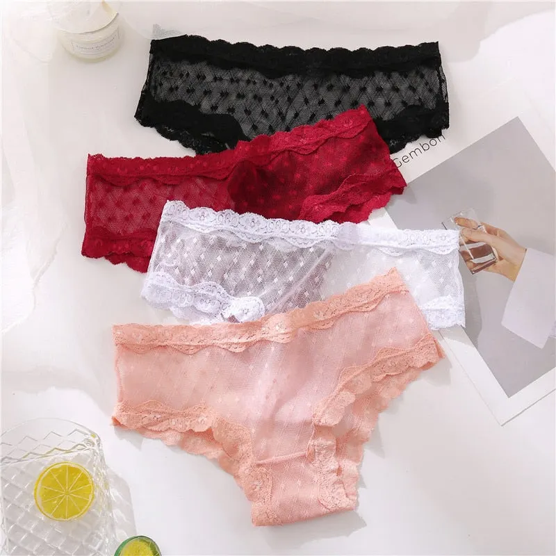 FINETOO Sexy Lace Thongs Women 3Pcs/set Transparent G-string Panties Dots Lace T-back Underwear Fashion Female Underpants M-XL