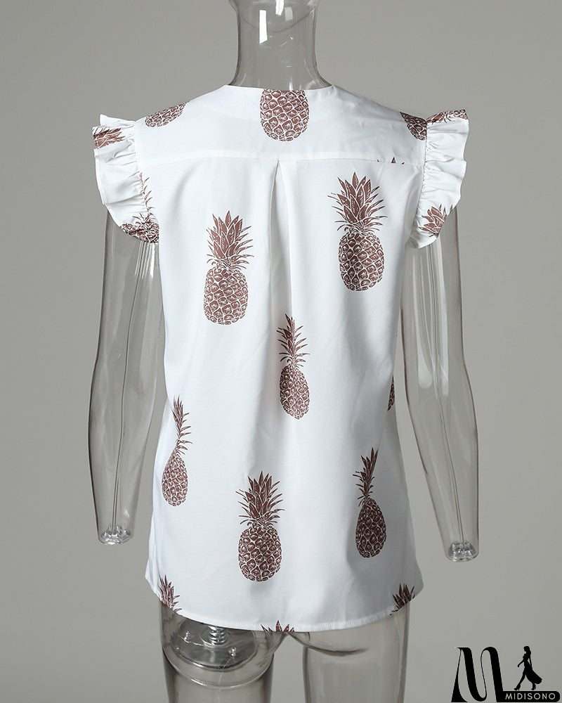 MidiSono - Printed V-Neck Casual Sleeveless Ruffled Shirt