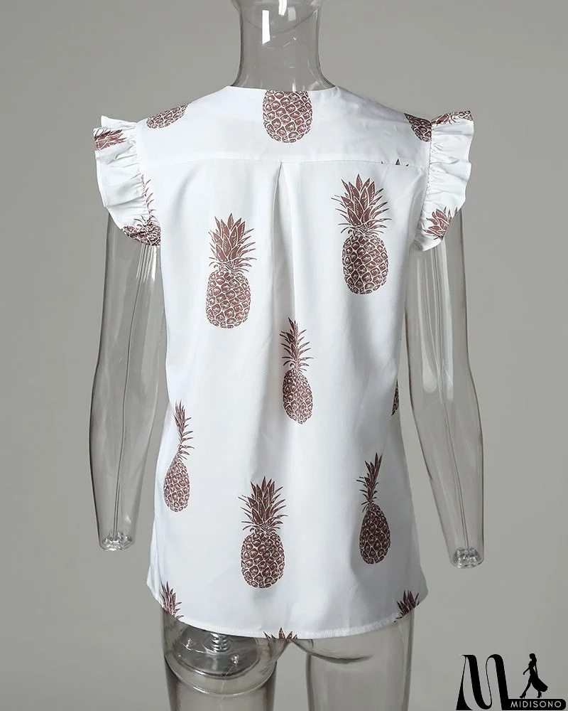 MidiSono - Printed V-Neck Casual Sleeveless Ruffled Shirt