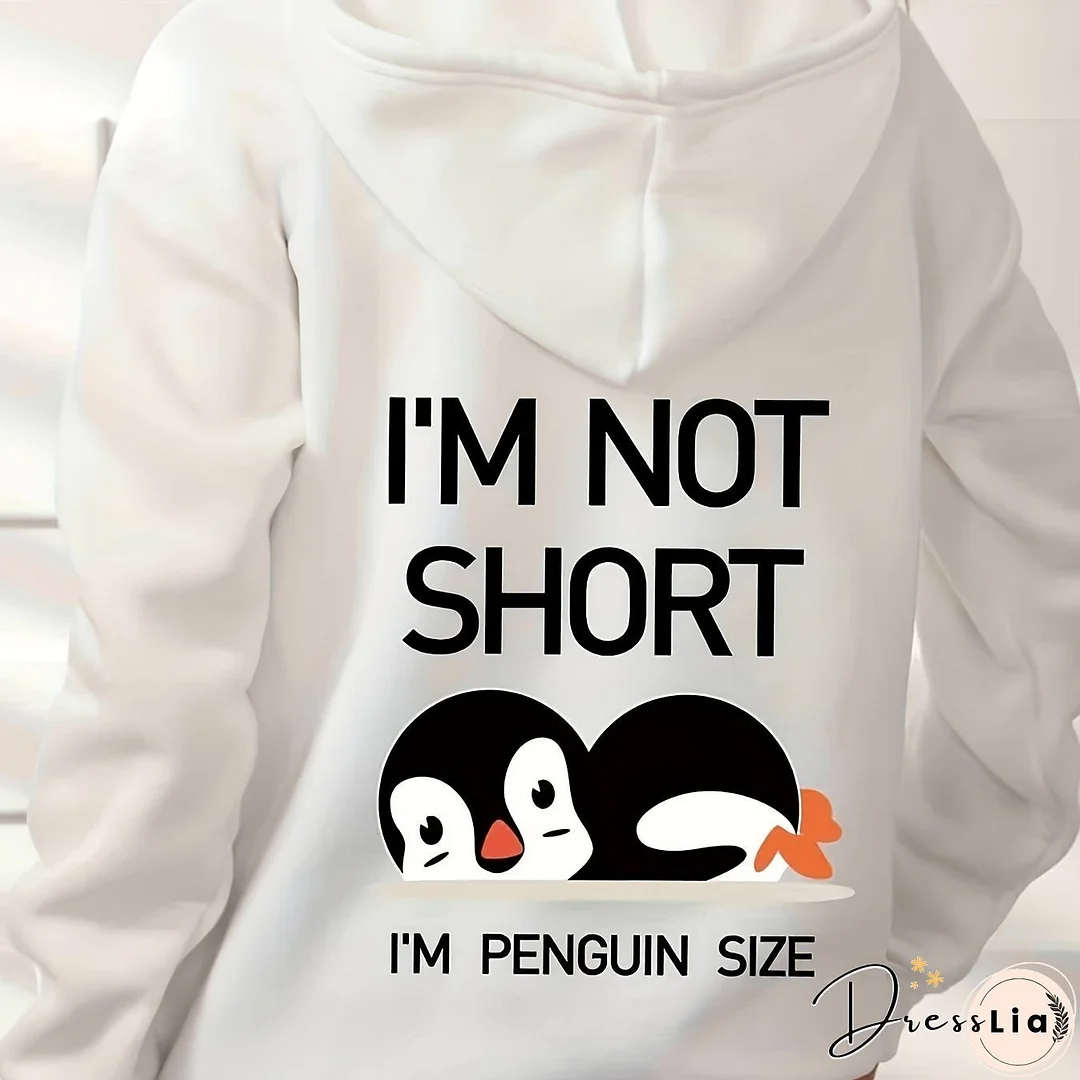 Penguin Graphic Casual Sports Hooded Sweatshirts, Animal Print Drawstring Hoodies With Front Pocket, Women's Sporty Sweatshirts