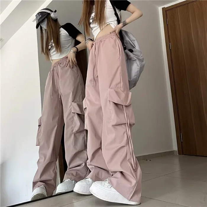 Uveng Uveng Speed Dry Cargo Pants Female Stereo Pocket High Waist Straight Tube Wide Leg Ribbon Loose Casual Floor Trousers