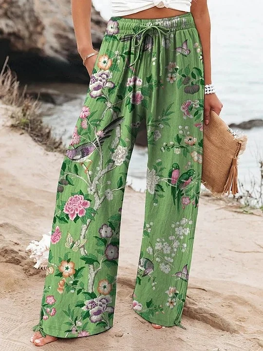 Women's Vintage Lovely Floral Birds Art Printed Cotton And Linen Casual Pants