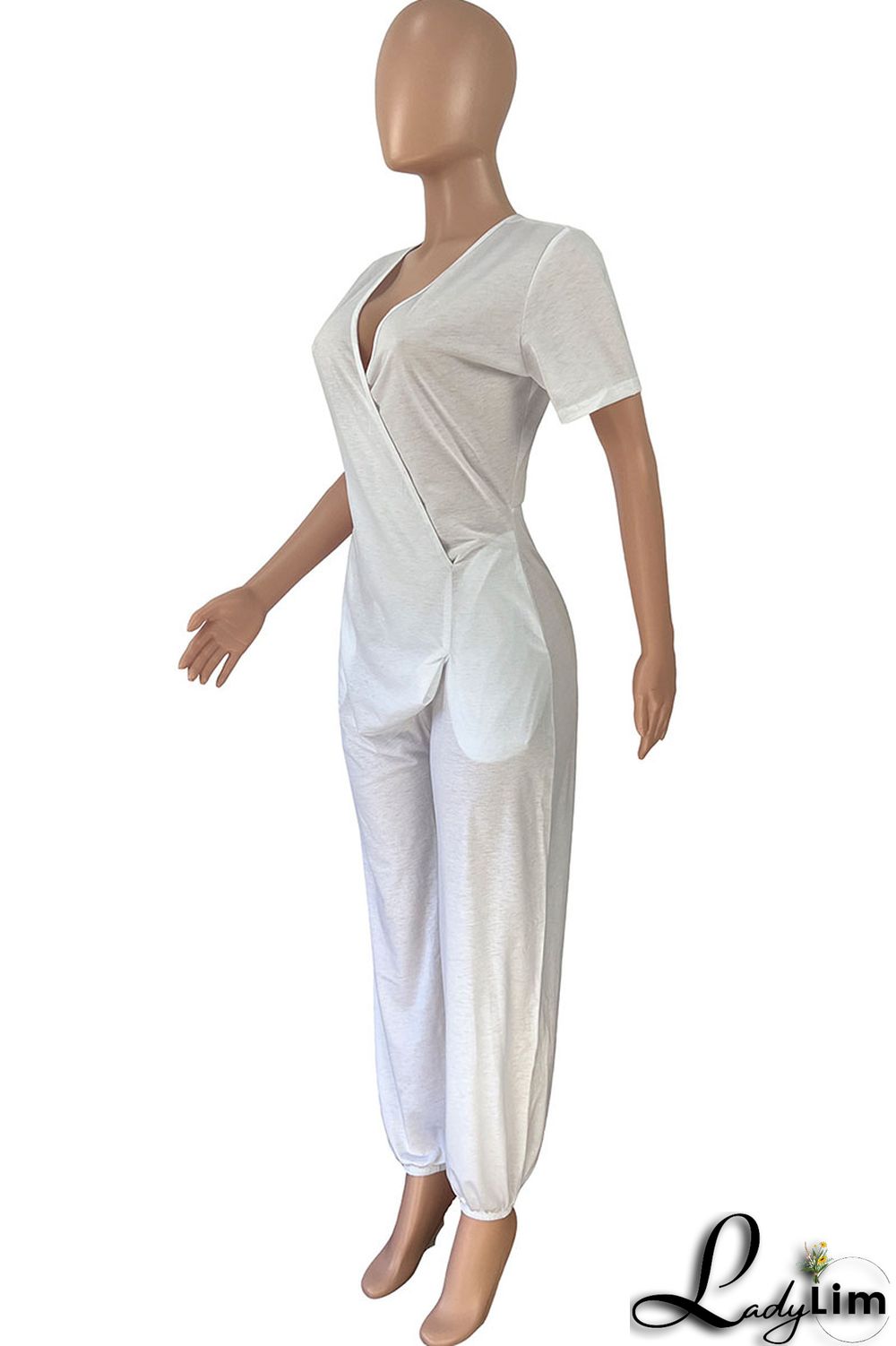 White Casual Solid Patchwork Asymmetrical V Neck Loose Jumpsuits