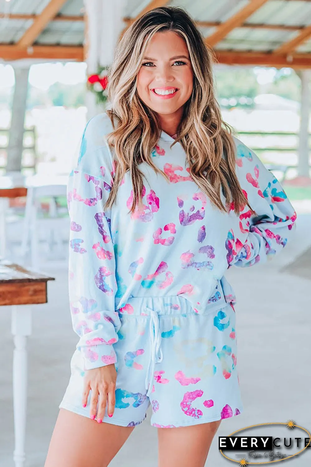 Sky Blue Leopard Print Hoodie and Shorts Set