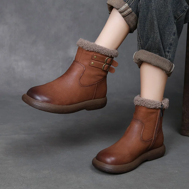 Yyvonne Cowhide Lamb Wool Snow Boots Women Winter New Warm Plus Cotton Boots Retro Leisure Short Boots