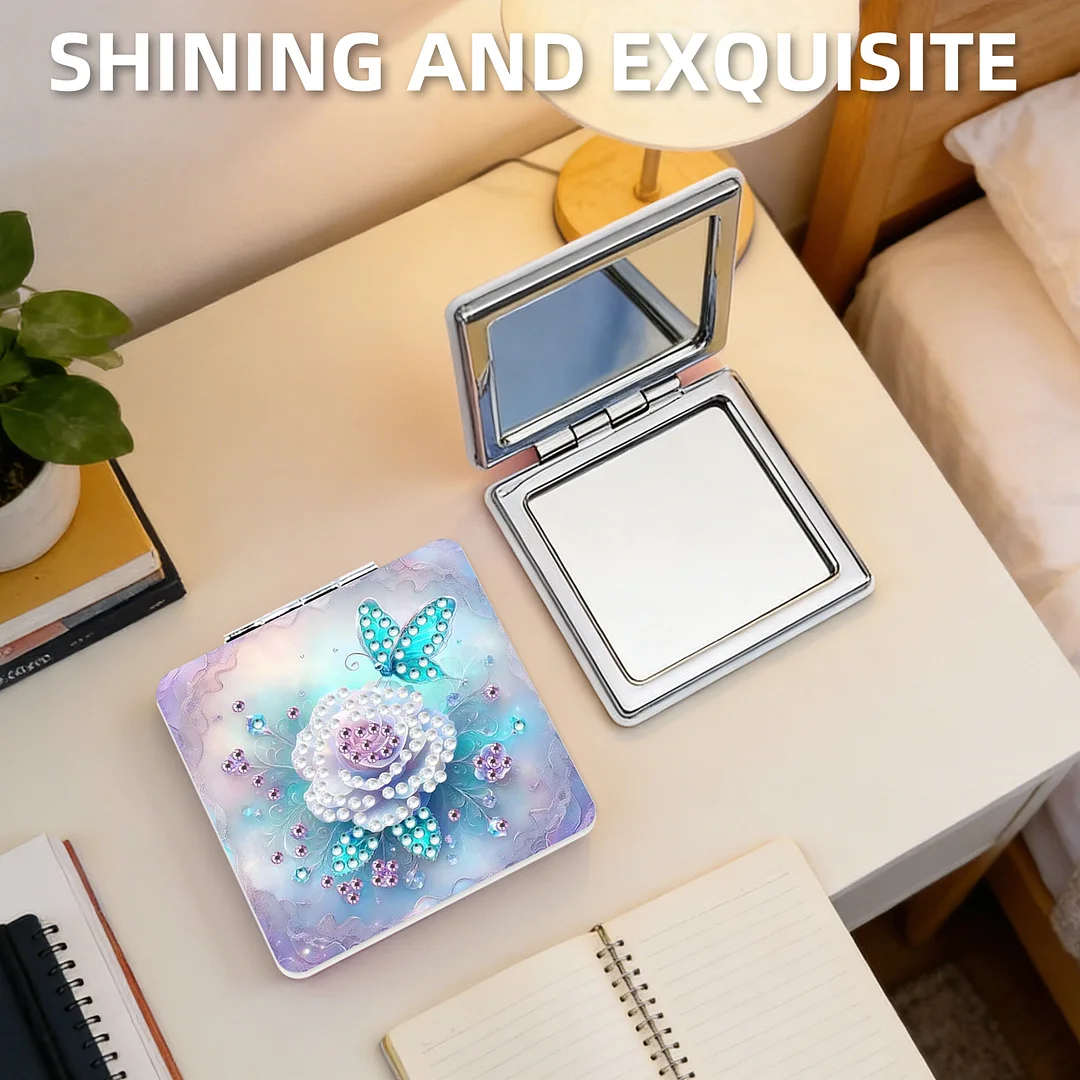 White Flower DIY Special Shaped Diamond Painting Compact Mirror Kits Diamond Art Painting Pocket Mirror for Beginners Adults Art Craft Woman Gifts
