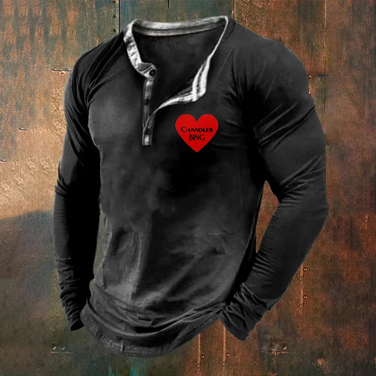 Comstylish Men's Chandler Bing Heart Print Vintage Long Sleeve T-Shirt