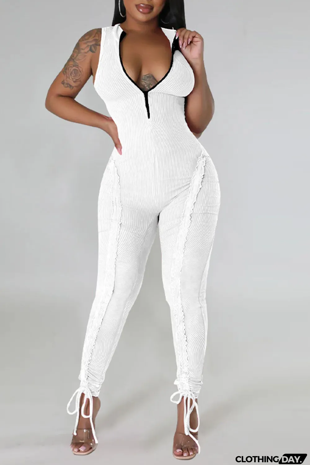 Light Blue Casual Solid Patchwork Stringy Selvedge Zipper Collar Skinny Jumpsuits