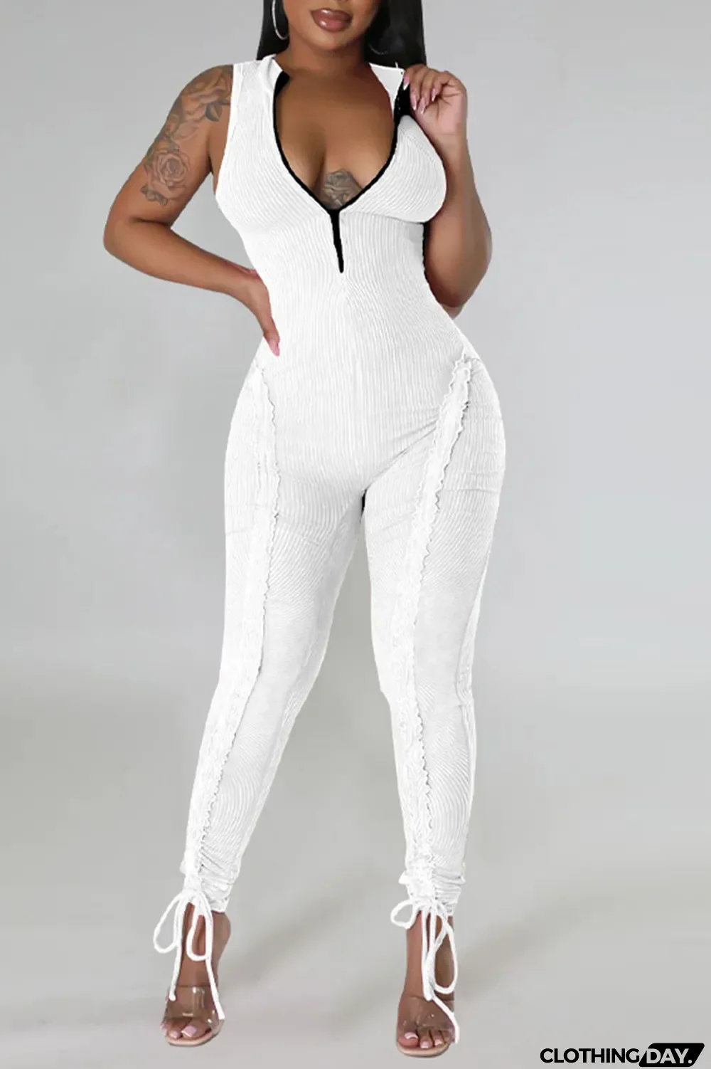 Light Blue Casual Solid Patchwork Stringy Selvedge Zipper Collar Skinny Jumpsuits