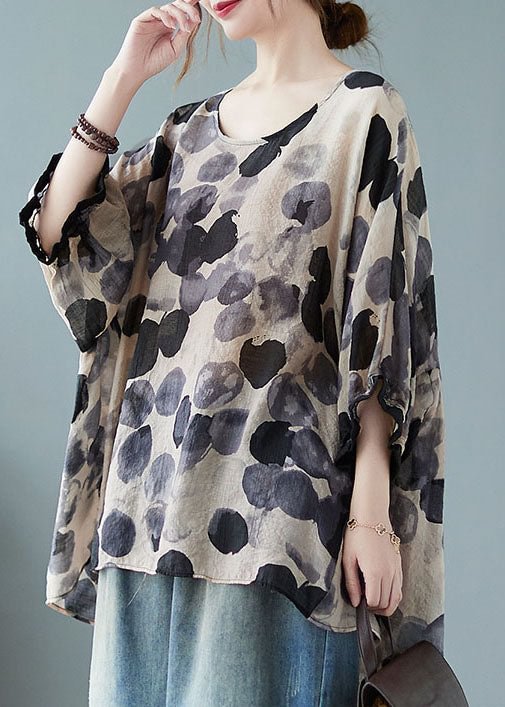 DIY Grey Ruffled Print Shirt Tops Half Sleeve CK1268- Fabulory
