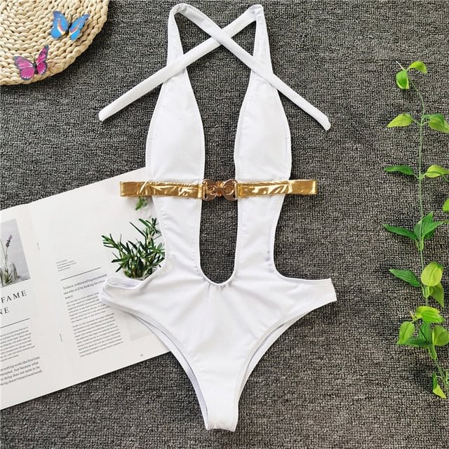 2022 New Sexy Deep V Neck Backless Monokini One Piece Swimsuit Women Belt Swimwear Female Bather High cut Bathing Suit Swim Lady