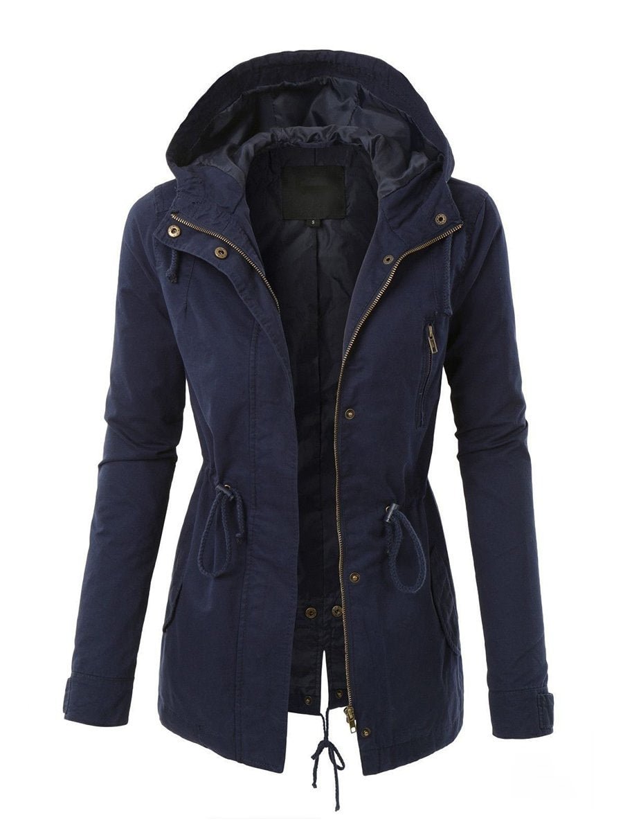 Casual Drawstring Solid Color Zipper Coat