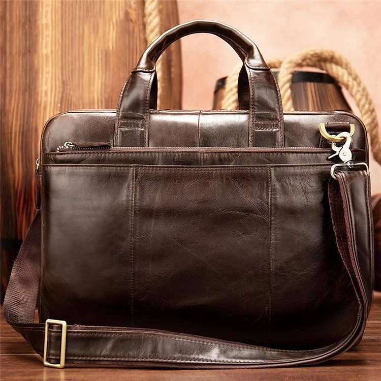 Men’S Genuine Leather Antiqued Brass Hardware Top-Handled Detachable Laptop Bag