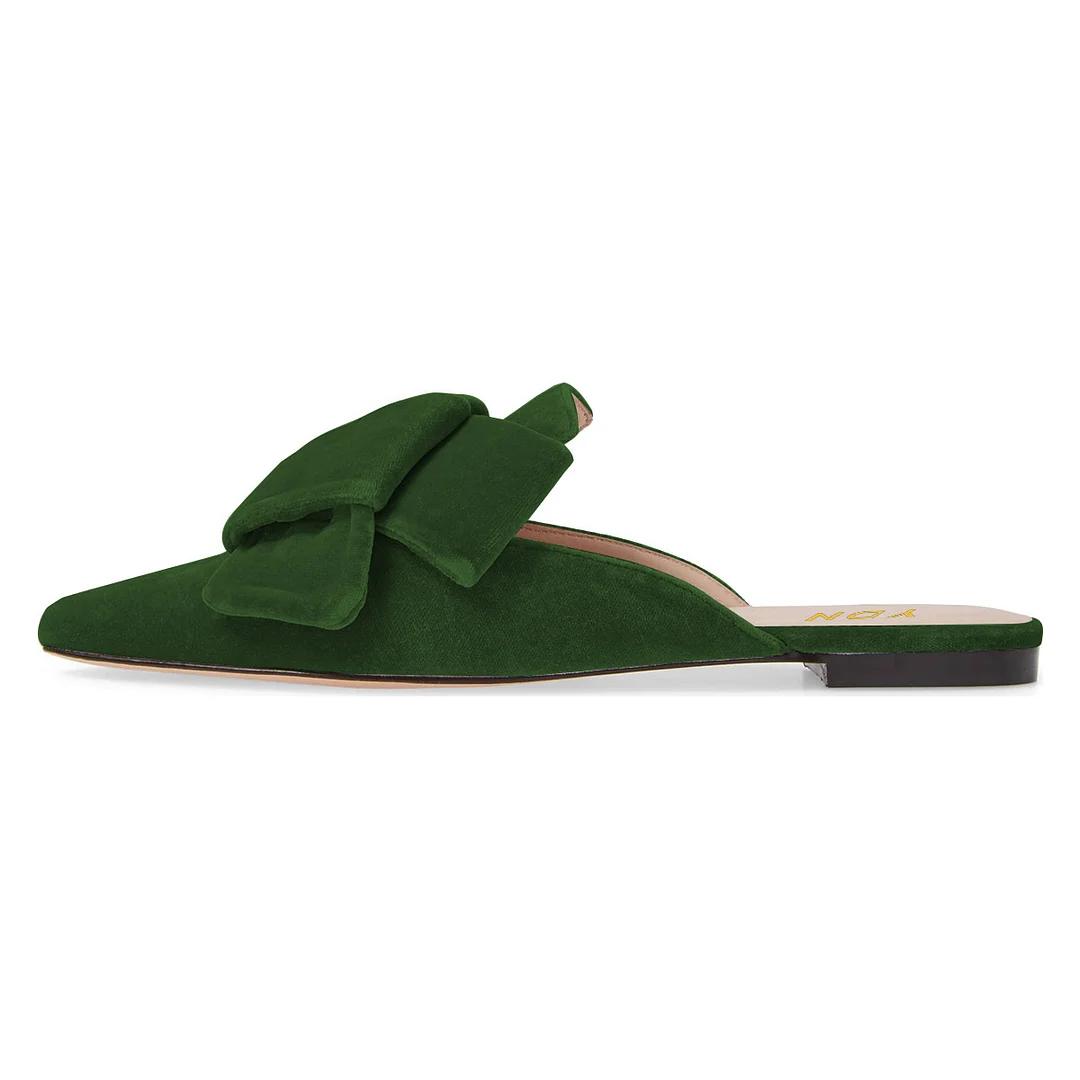 Green Velvet Knot Accent Simple Mules Shoes with Pointed Toe
