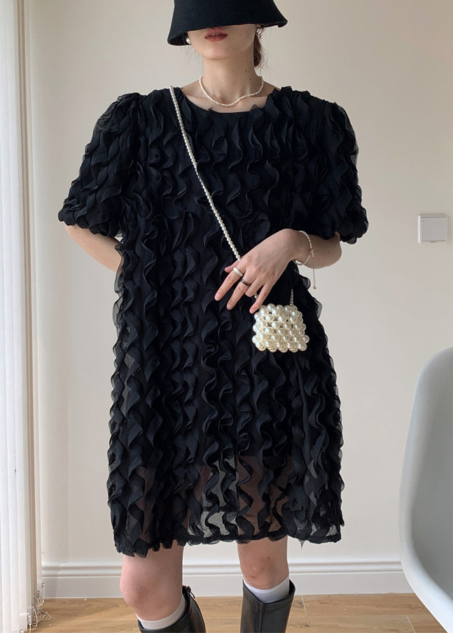 VCSHOES Black O-Neck Ruffled Patchwork Tulle Mid Dresses Summer