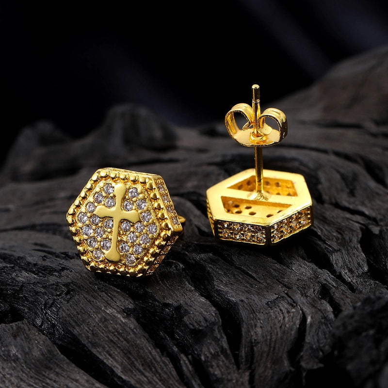 1 Pair Hip-Hop Hexagon Cross Plating Inlay Copper Zircon White Gold Plated Gold Plated Men Studs