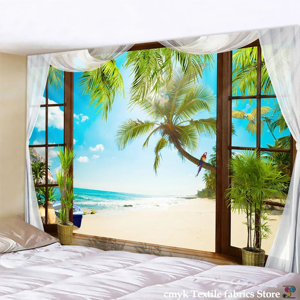 seaview room Tapestry Sea Coconut Tree Wall Hanging Beach Tapestries 3D Printed Large Wall Tapestry Boho Hippie Home Decor