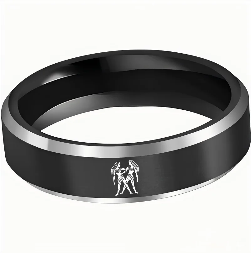 Black Gemini Tungsten Carbide Rings Beveled Edges Black Laser Etched Couple Wedding Bands 4MM 6MM 8MM Width
