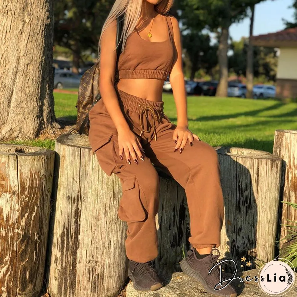 Sporty Crop Top and Pocket Detail Jogger Tracksuit Pant Set