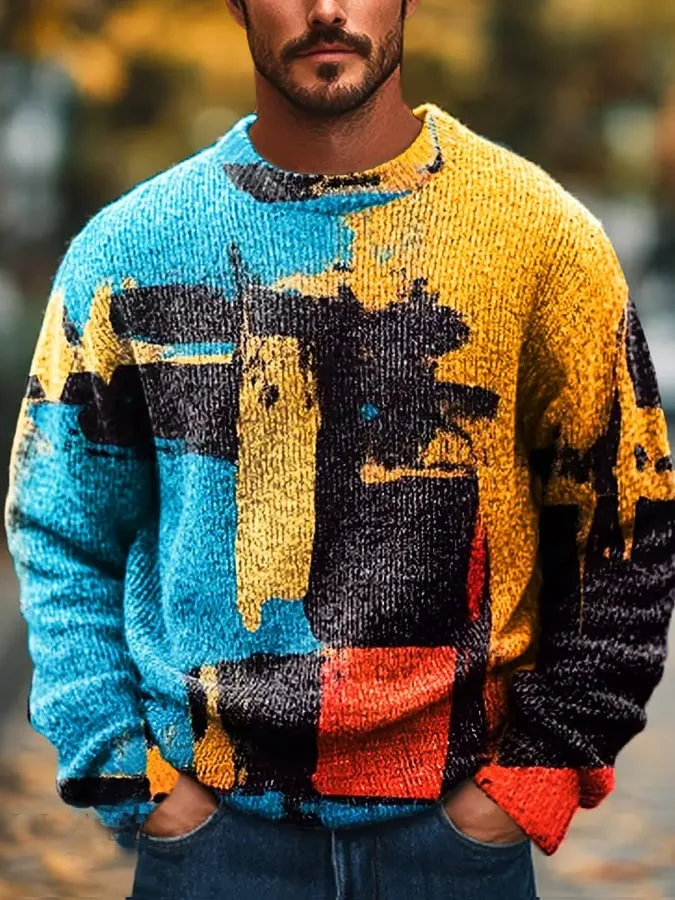 Gentleman's Vintage Multicolor Abstract Gradient Art Printed Knit Crew Neck Pullover