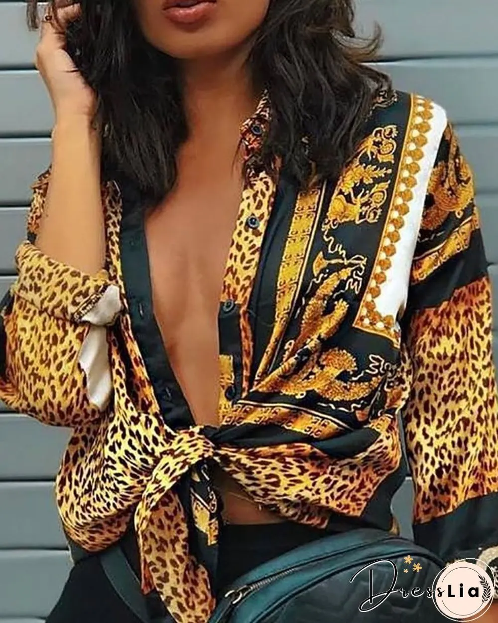 Leopard Print Knot Front Long Sleeve Blouse