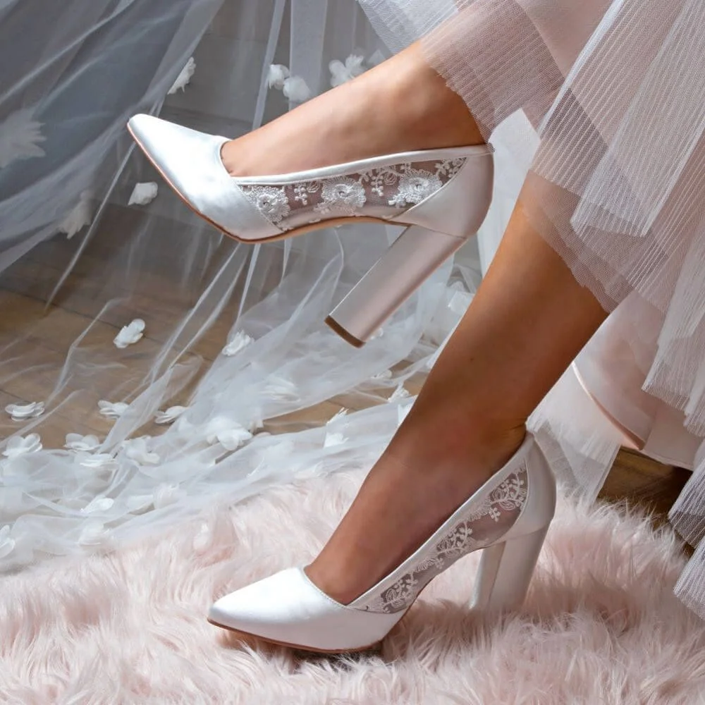 White Pointed Toe Pumps Lace Satin Pumps Chunky Heel Pumps Nicepairs