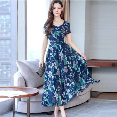 Women&#39;s fashion floral dress waist long short sleeve a word  casual wear