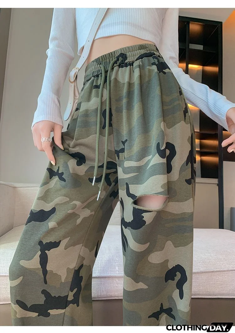 Women Fashion Casual Camouflage Printing Elastic-Waist Straight-Leg Pants