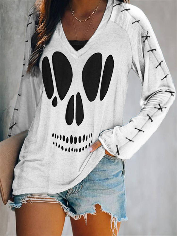 Skull Hollow Carved & Stitched Art V Neck T Shirt wearshes