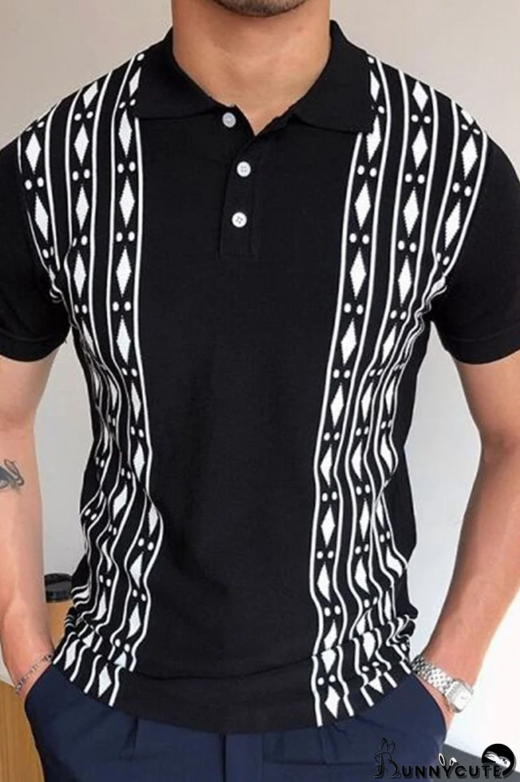 Black Fashion Casual Print Split Joint Turndown Collar Tops