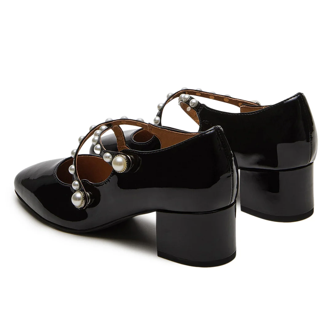 Black Patent Leather Pearl Embellished Crisscross Strap Mary Janes