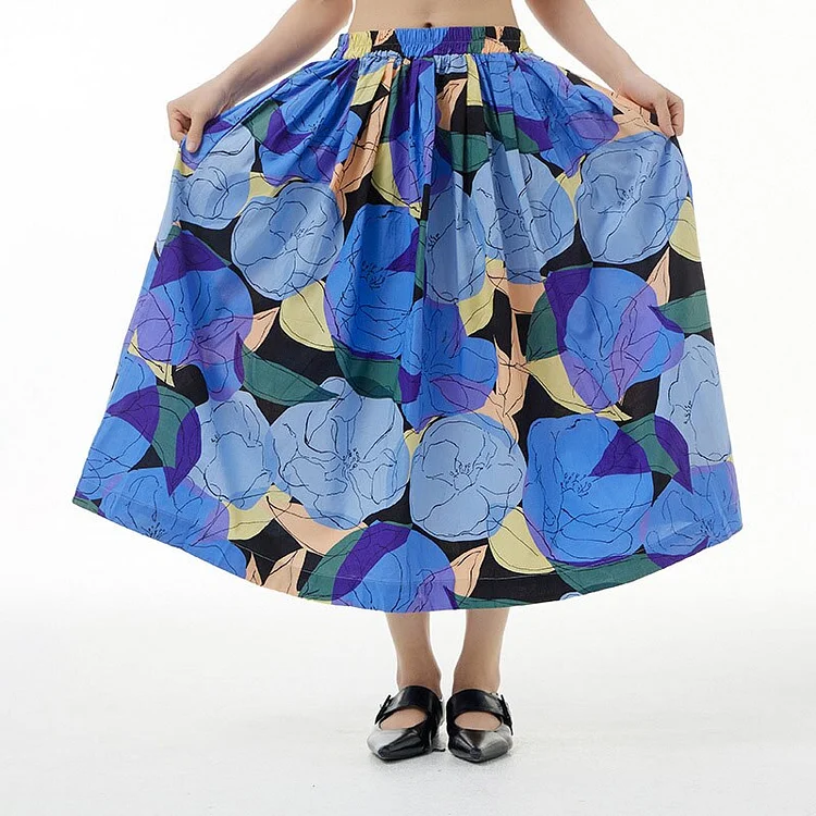 French Elegant Floral Printed Folds Skirt