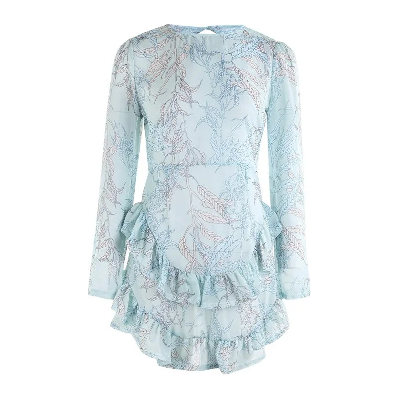 Summer fashion Backless Print Women Dress Elegant O-Neck Women Party Dress Spring Long Sleeve Ruffle Mini Dress Vestido